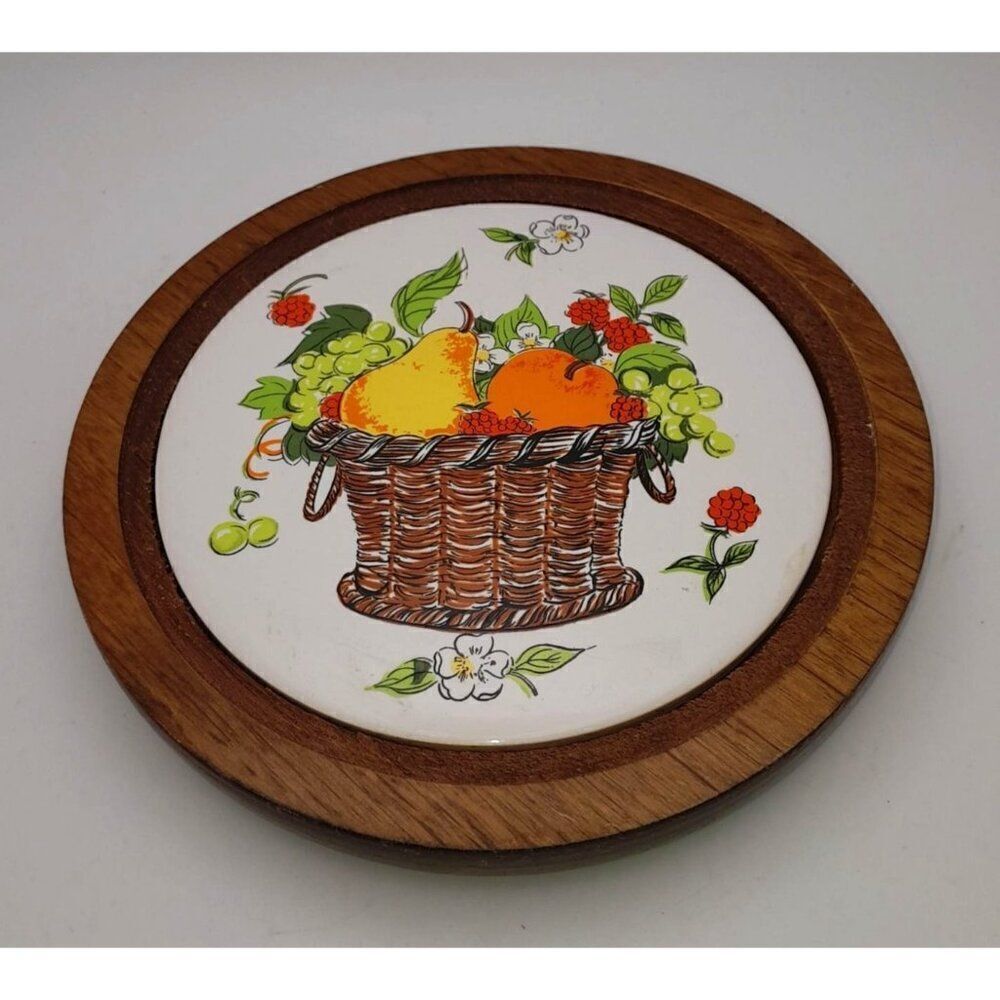VTG Ceramic Fruit Basket Tile Trivet Cheese Plate in Wood George Good GG Taiwan